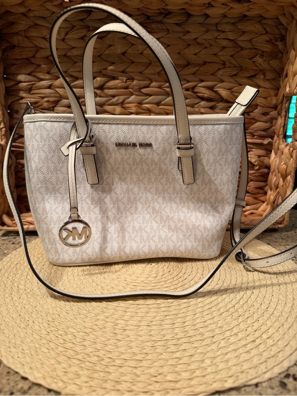 Michael Kors Cream Logo Tote with MK Charm Jet Set x-sm purse handbag crossbody